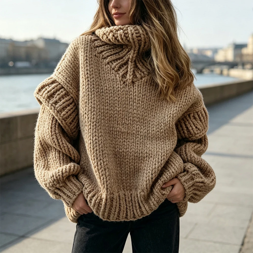 Women's Solid Color Loose High Neck Knitted Pullover Sweater Thickened Coat Suitable For Autumn And Winter Seasons