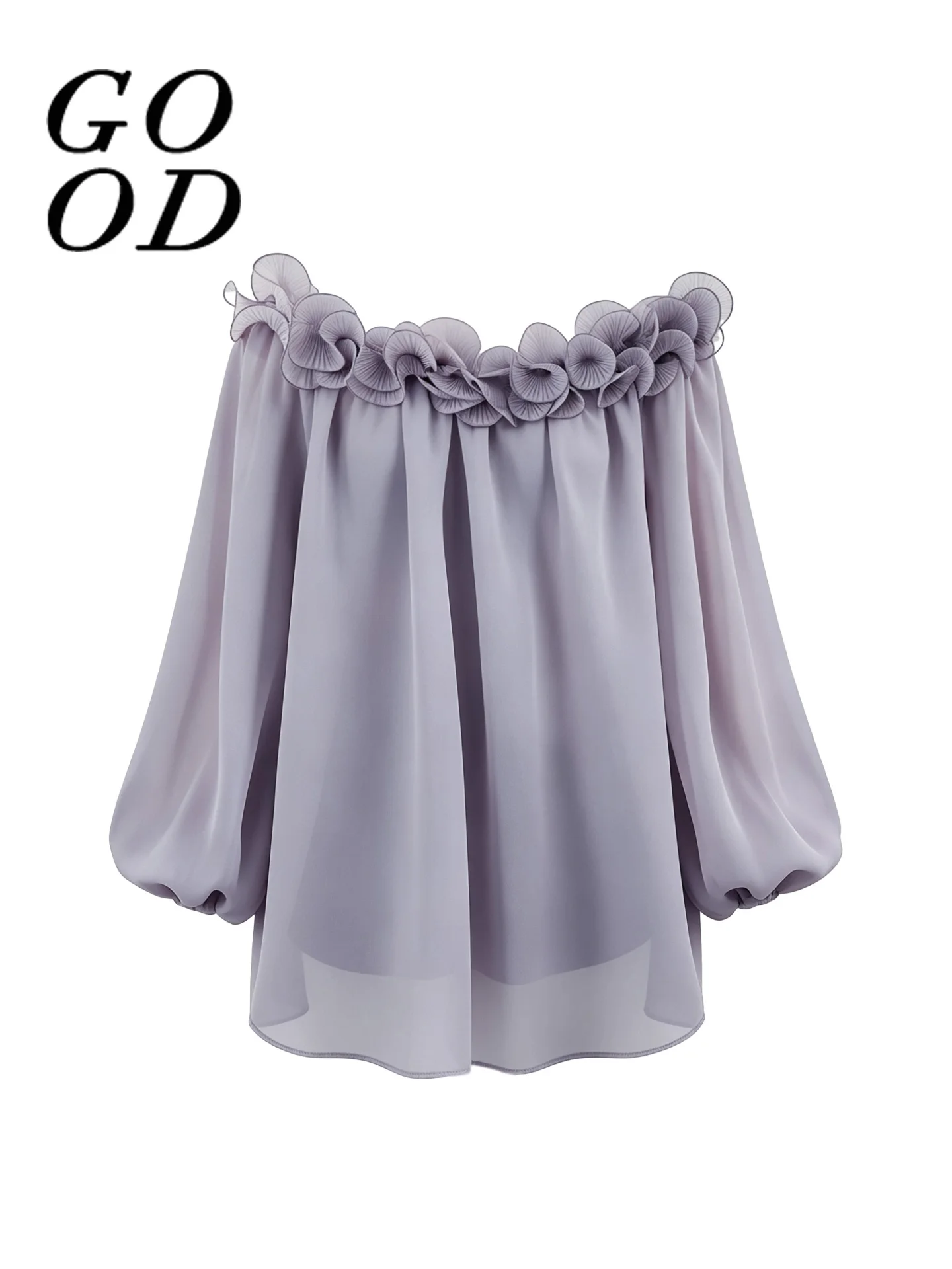 

Elegant Loose Fit Shirt One Shoulder Lantern Sleeve 3D Lace Trim Versatile Heavyweight Floral Petal Women's Summer Top