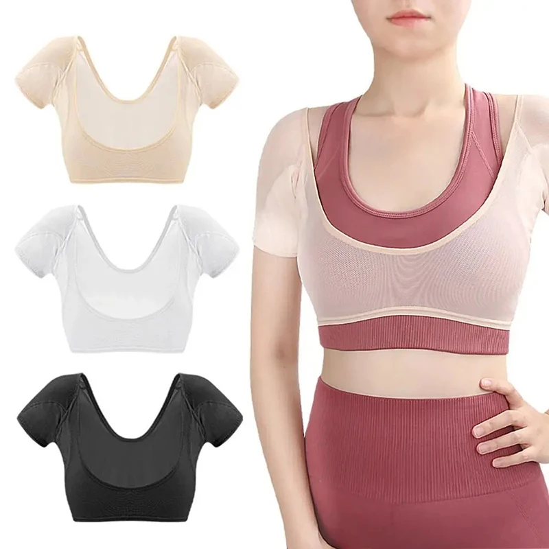

Transparent Mesh Ultra-thin Vest Absorbent Deodorant Pad Women T-shirt Washable Sweat Proof Under Top With Underarm Sweat Pads