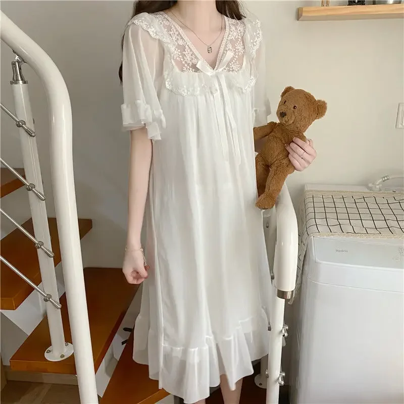 Sweet White Night Dress Korean Style Women\'s Pajamas Summer Night Wears for Women Sleepwear Solid Lace Mesh Patchwork Nightgown