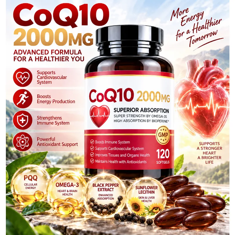 CoQ10 Softgels 2000mg with Omega 3 - Supports Heart,Cardiovascular,Brain & Cellular Health & Blood Pressure Balance,Anti-Aging