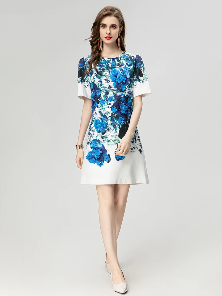 

Gedivoen Fashion Designer Summer Women's Dresses O-Neck Collar Printing Floral Above Knee Office Lady A-LINE Empire Dress