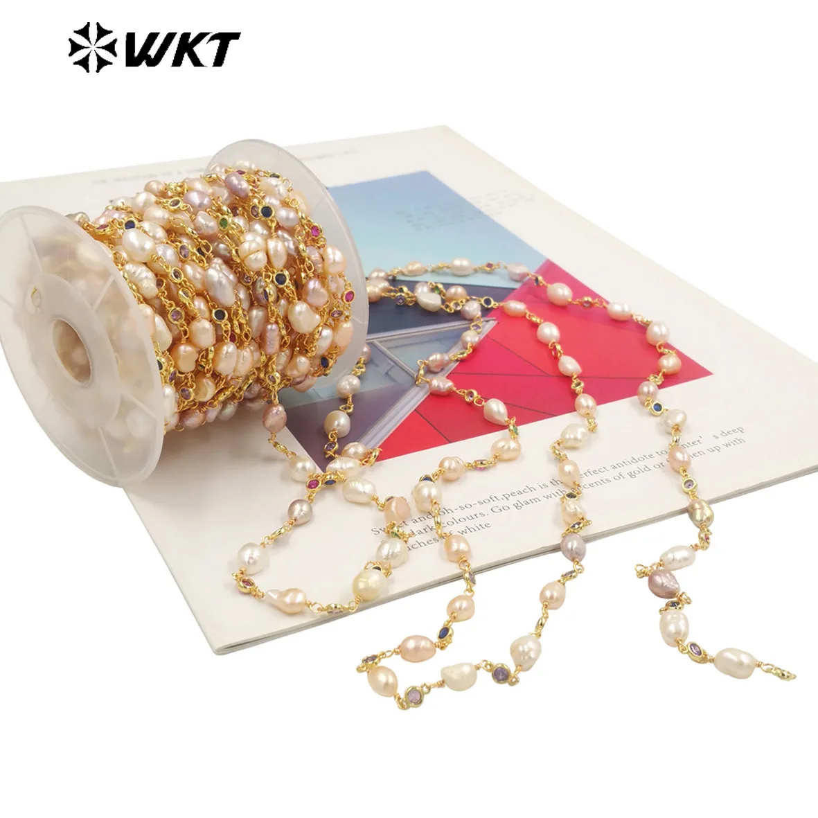WT-RBC218 Wholesale Precious Handmade Natural Irregular Pearl Mix Colorful Cubic Zircon Beads Chain for Jewelry Design by Meters