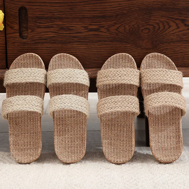 

Summer Linen Slippers Woven Home Indoor Couple Sandals Breathable Non Slip Sweat Absorbing Wooden Floor Cotton Linen