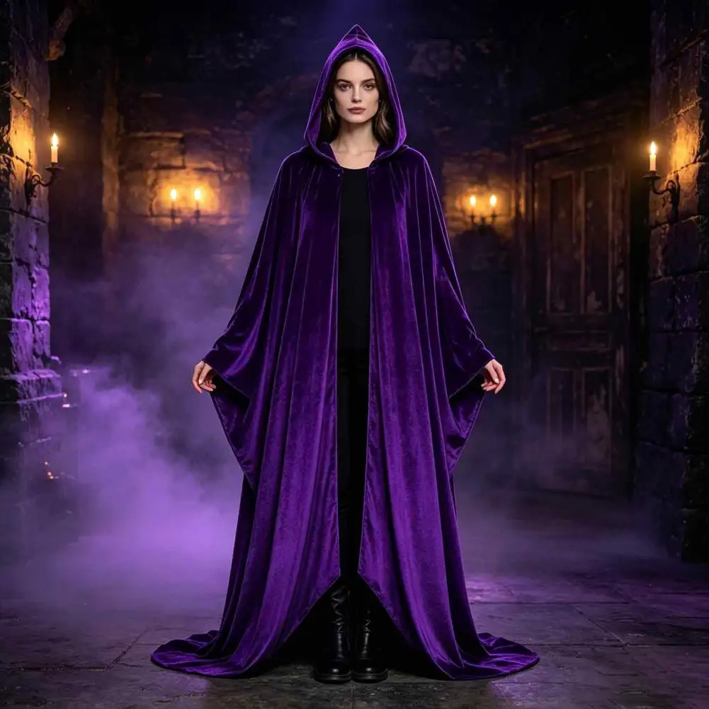 Unisex Adults Hooded Cloak Velvet Vampire Wizard Cape, Renaissance Medieval Halloween Costume for Witch Cosplay Masquerade Party - view 2