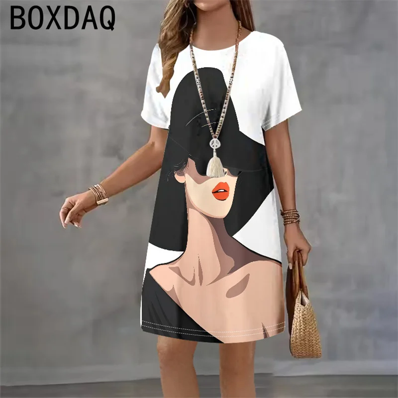 3D Abstract Funny Character Face Printed Dress Short Sleeve O-neck Casual Loose A-Line Dress Elegant Temperament Women's Dress