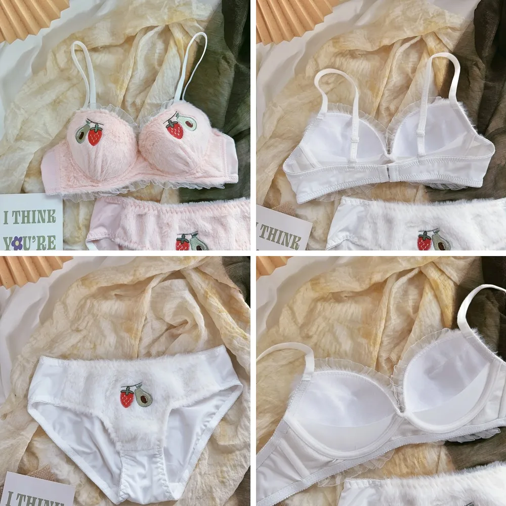

Embroidered Strawberry Plush Bra Set for Women, Wire-Free Comfort, Small Bust Support, No Gap Design