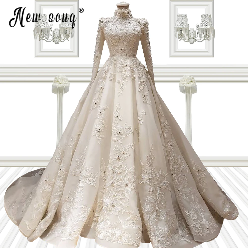 Luxo muçulmano luz champanhe vestido de casamento para as mulheres manga longa árabe frisado formal rendas vestidos de noiva feito sob encomenda