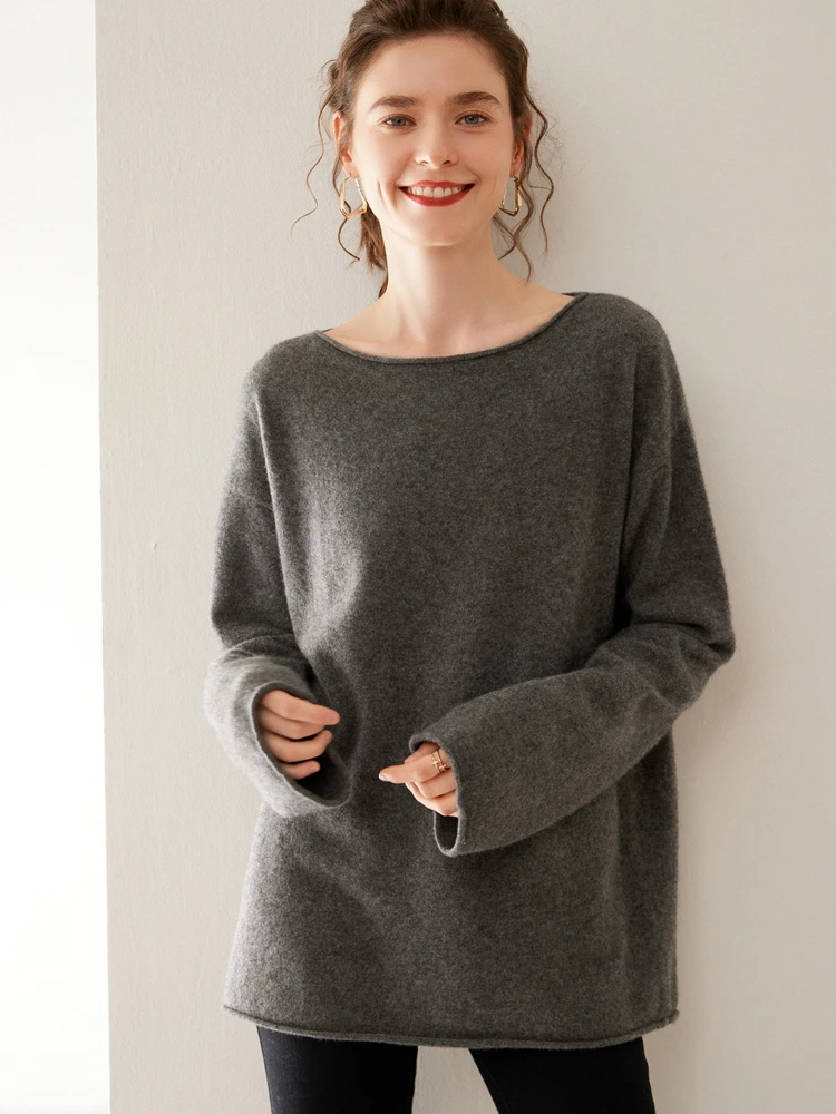 New Chic Women 100% Cashmere Sweater Autumn Winter O-Neck Pullover Korean Style Soft Knitwear Basics Casual Loose Tops Clothing