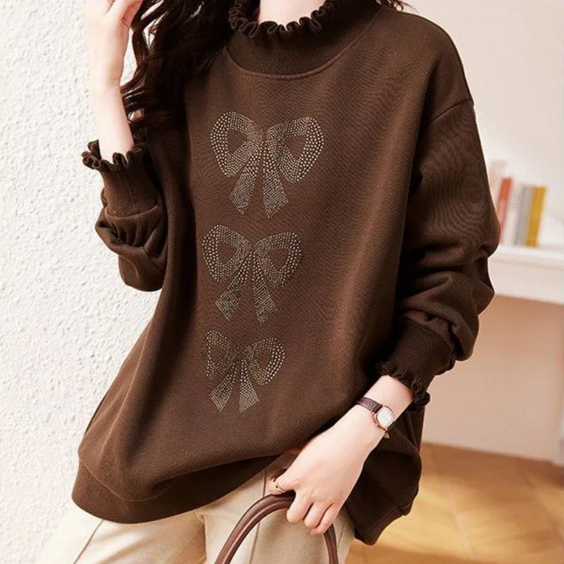 Autumn and Winter Women\'s Solid Half High Collar Long Sleeve Loose Pullover Hoodies Diamonds Bow Korean Fashion Casual Tops