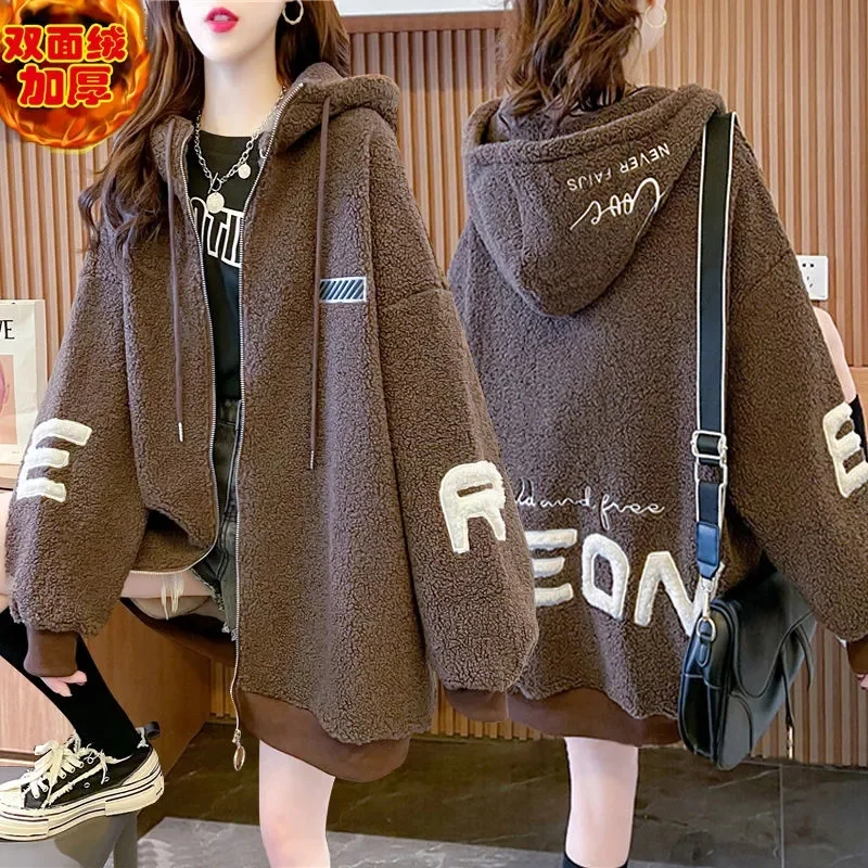 Double-Sided Velvet Lamb Wool Coat Women's Tide ins Autumn and Winter Fleece Sweater 2022 New Thickened Cardigan Top Clothes X06