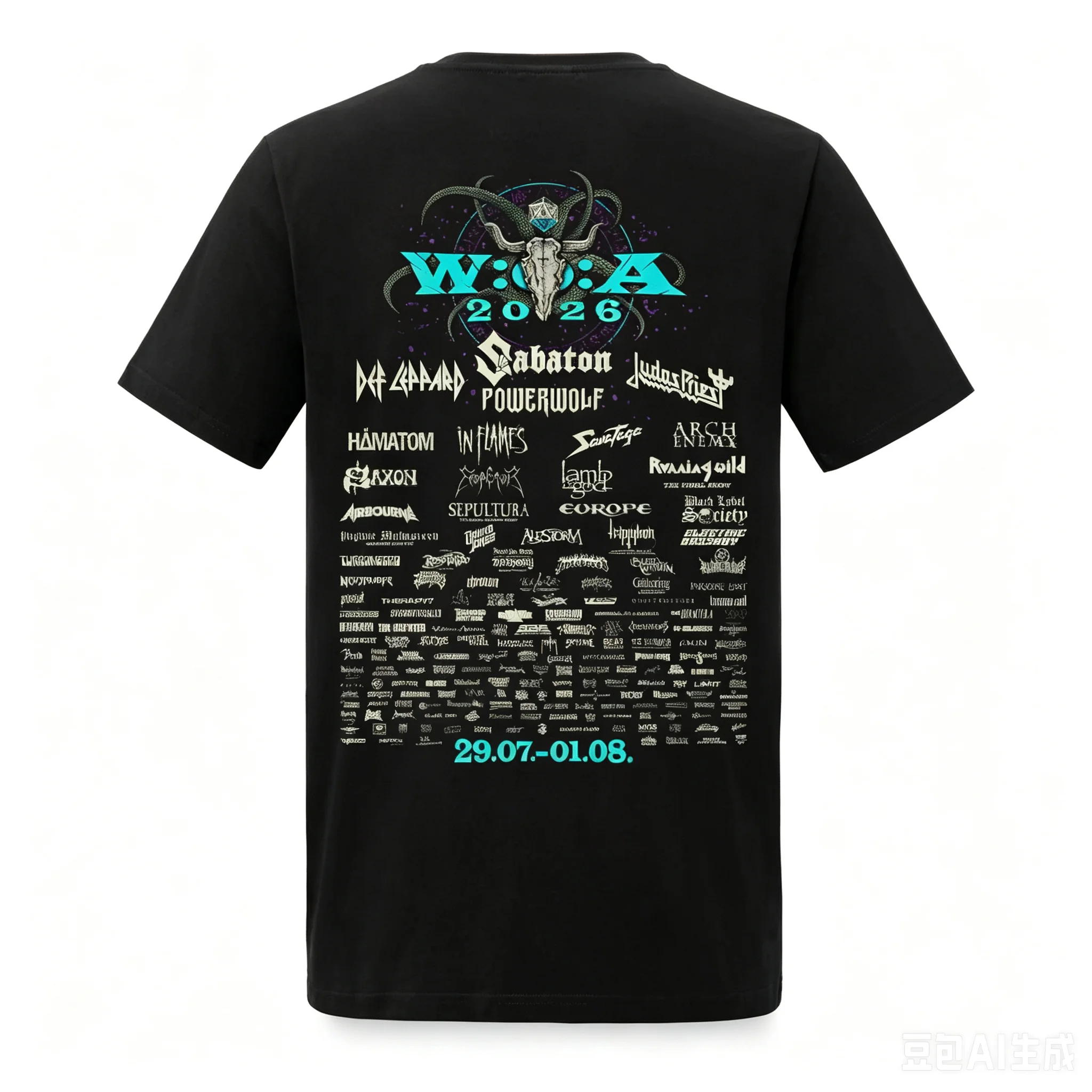 Wacken Open Air 2026 Full Lineup T-Shirt Double Sided Bull Skull Back Print Heavy Metal Festival Unisex Short Sleeve Tee