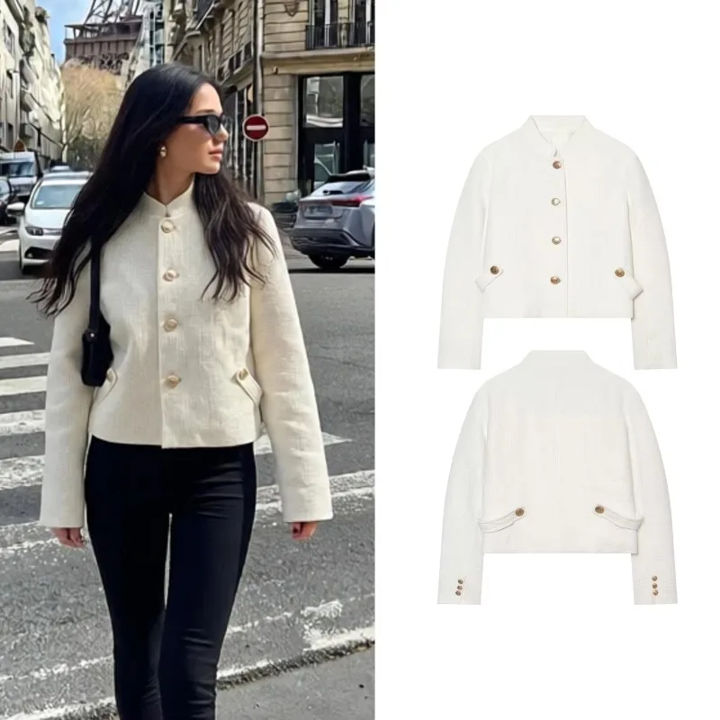 White Long Sleeve Stand Collar Structured Cropped Blazer Short Suit Jacket Women Elegant Outerwear 260902