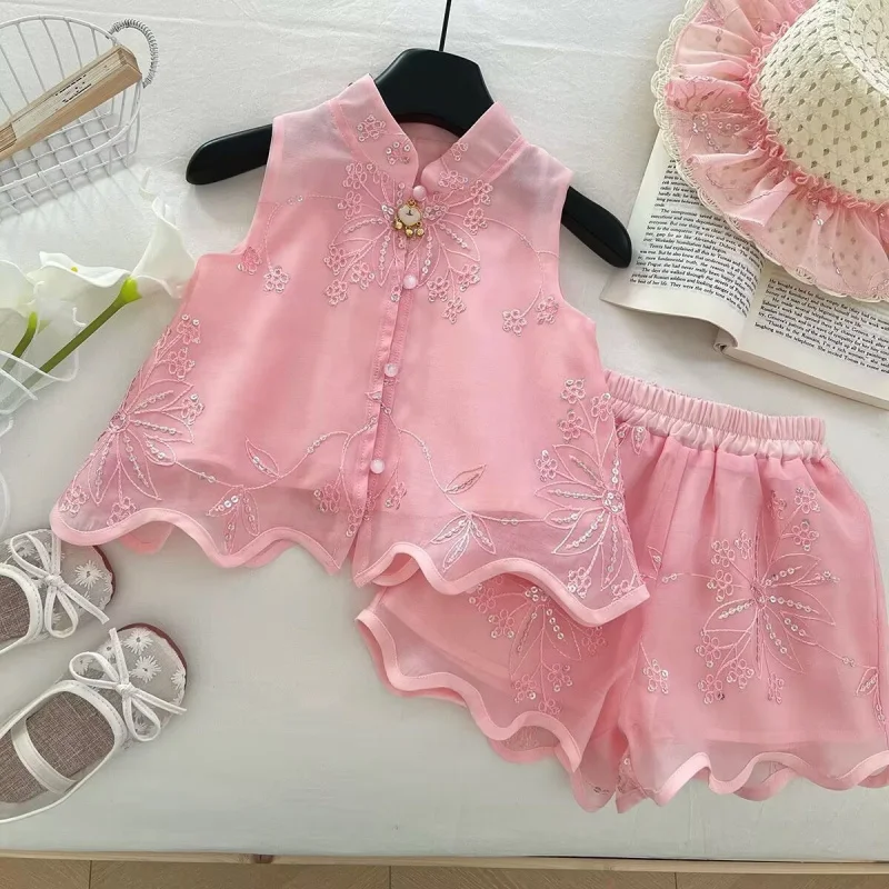 

Summer Girls' Outfit2025New Sequin Vest Top with Lace Shorts for Little Girls Chinese Style Two-Piece Set