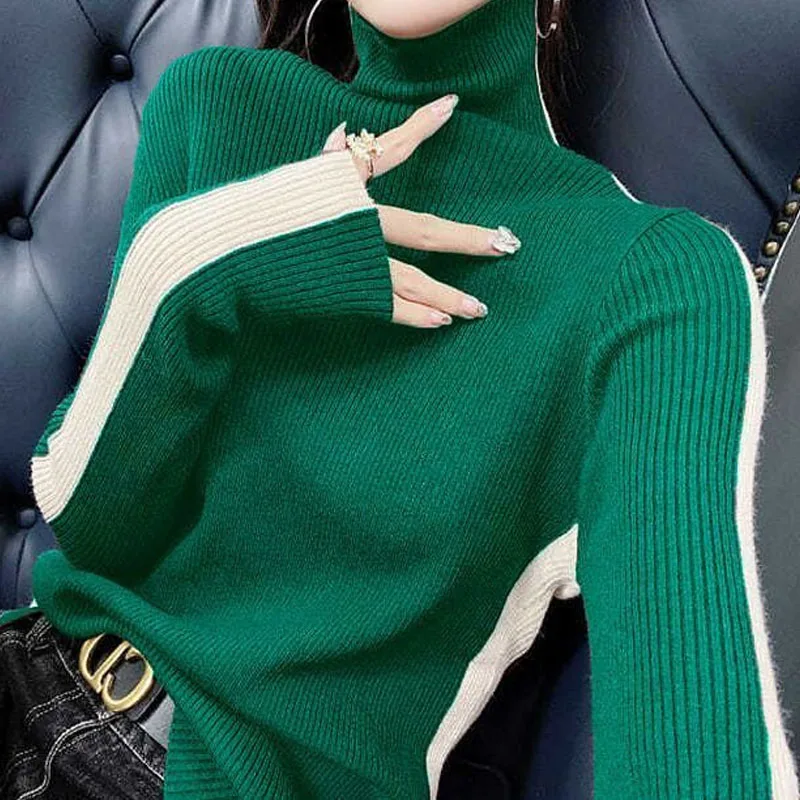 Autumn Winter Solid Color Patchwork Trend Turtleneck Sweaters Women\'s Clothing 2023 Fashion Slim Long Sleeve Pullovers Knitted