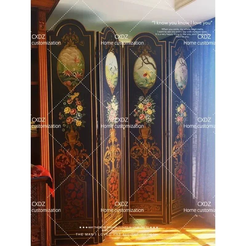 Retro Solid Wood Folding Screen Double Sided Mobile Room Divider for Entrance Living Room Home Partition Shelter