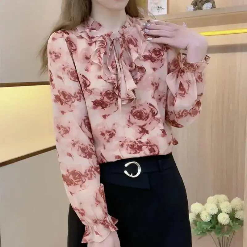 Commute Broken Flowers Shirt Women\'s Clothing Scarf Collar Drawstring Spring Autumn Stylish Sweet Ruffles Spliced Loose Blouse