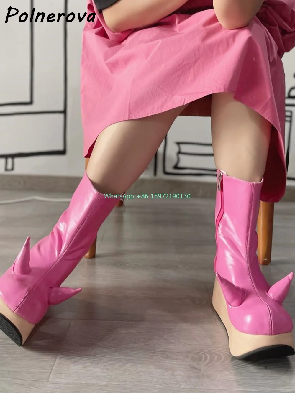 

Devil Horns Thick Soled Ankle Boots Round Toe Platform Side Zipper Mixed Color Grain Pink Shoes Ladies Fashion Runway Shoes