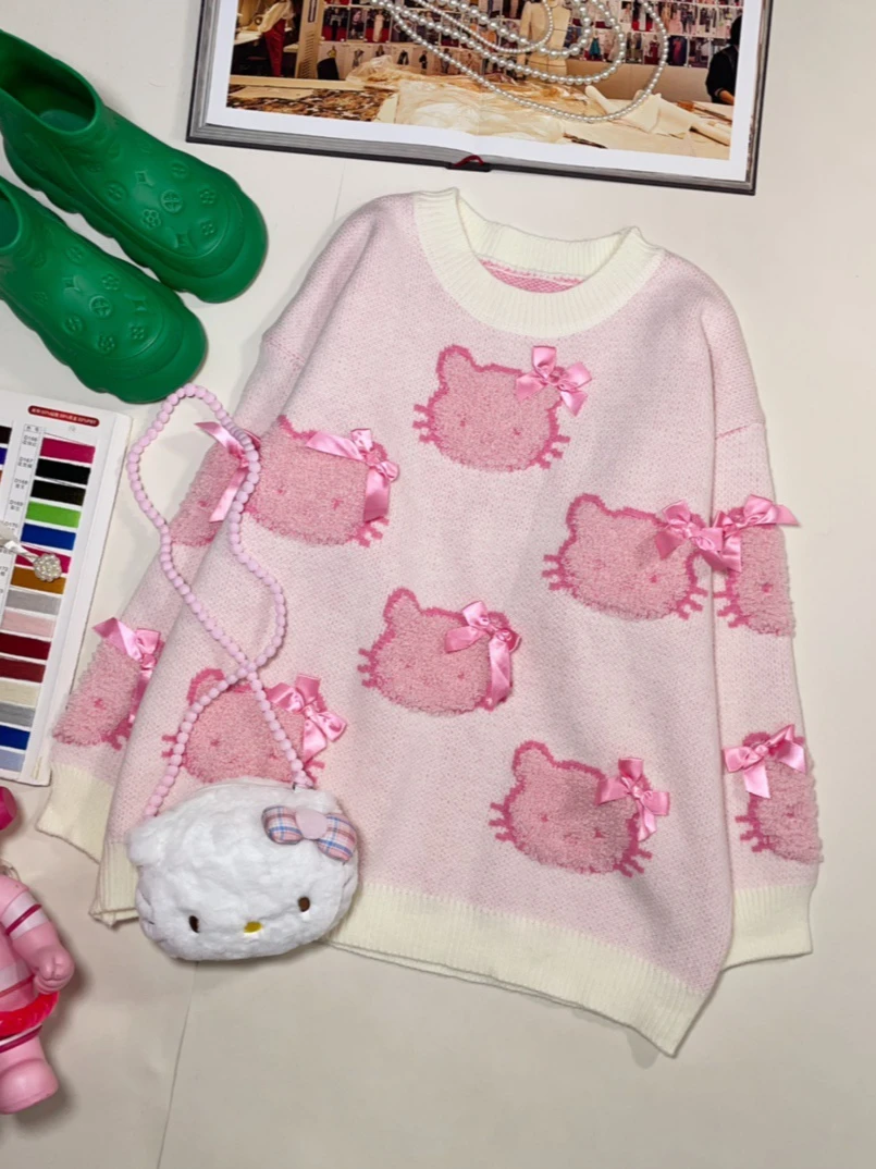 Autumn New Sweet Cute Cartoon Cat Jacquard Sweater with Bag Round Neck Pullovers Loose Long Sleeve Sweater Fashion Tops Women