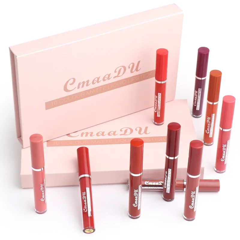 CmaaDu New Dazzle 10Pcs/Set Box Nude Matte Lipstick Lip Gloss Makeup Silky-Smooth Long Lasting Matte Lip stick Lipgloss Cosmetic