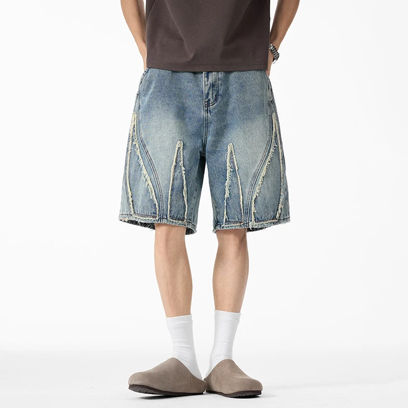 Pantalones Cortos de Mezclilla Holgados para Hombre, con Borde Deshilachado y Parches, Estilo Vintage Lavado, Bermuda Y2K, Ropa Urbana, Largos hasta la Rodilla