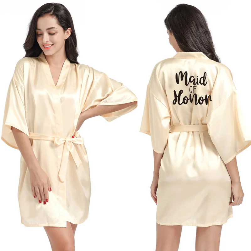 Champagne bathrobe bride satin-silk kimono women bridal party sister team mother shower sleepwear bridesmaid wedding short robes