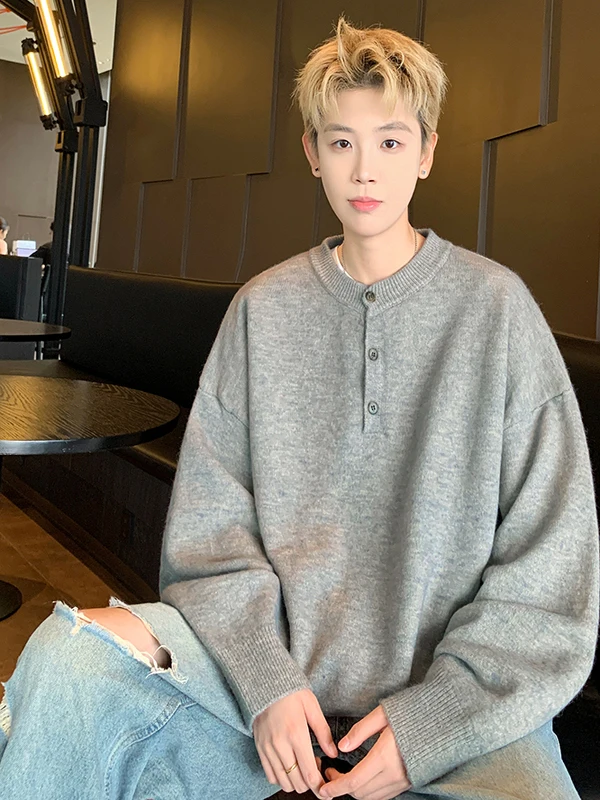 

Loose Fit Long Sve Knitted Sweater Henry Collar Crew Ne ex Autumn Winter Faion Comfortable Casual Knitwear