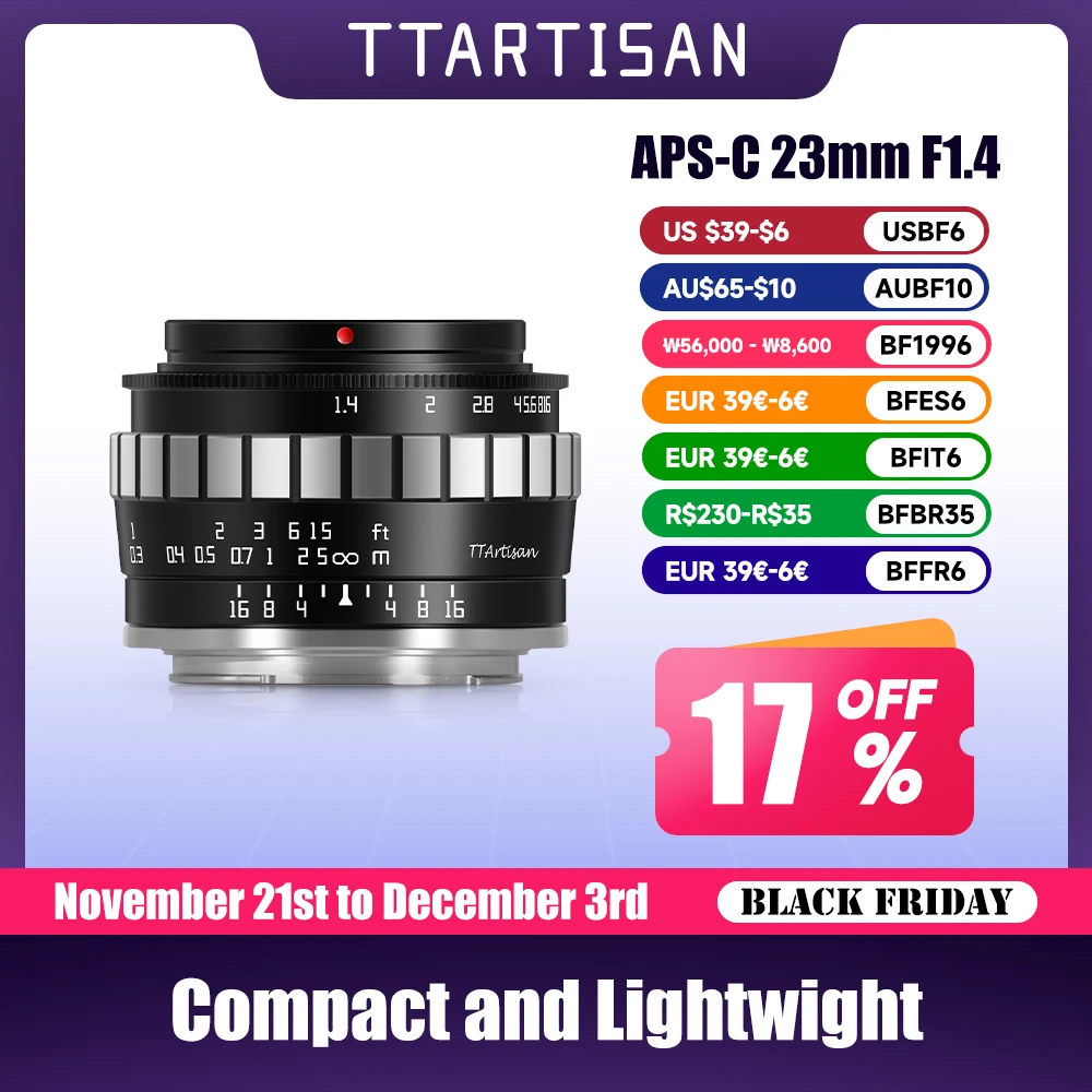 TTArtisan 23mm F1.4 Manual Focus Camera Lens for Sony E Mount a6300 Fuji XA XT3 XE Canon M6 Panasonic Olympus M43 Nikon Z30 Z50