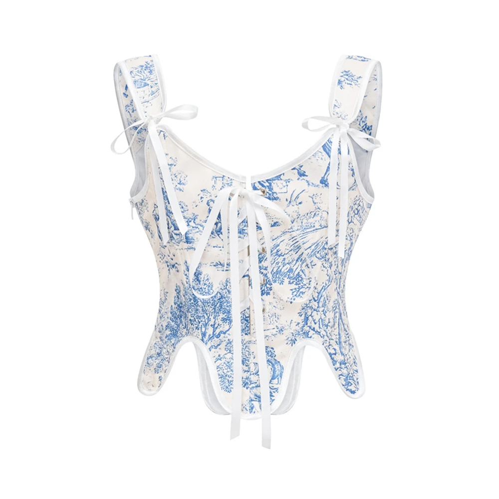 

Sexy Vintage Floral Print Overbust Corsets Side Zipper Lace Up Slimming Crop Tops Shoulder Strap Bustier Vest