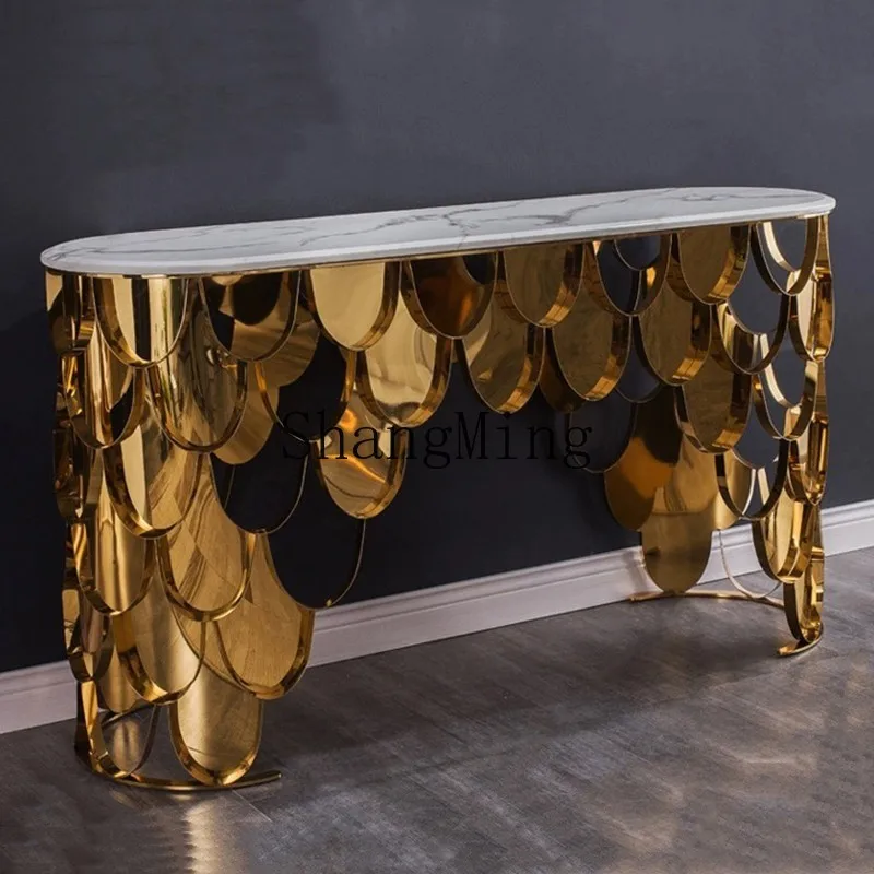 

FG simple modern living room art end view table marble special-shaped wall entry light luxury stainless steel entrance table