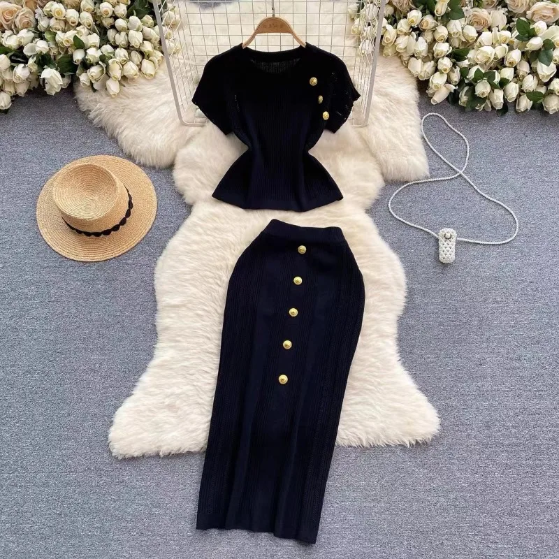 New High End Temperament Knitted 2 Piece Sets Women Outfit Golden Buttons Slim Tops Sweater + Bodycon Skirt Suits Elegant