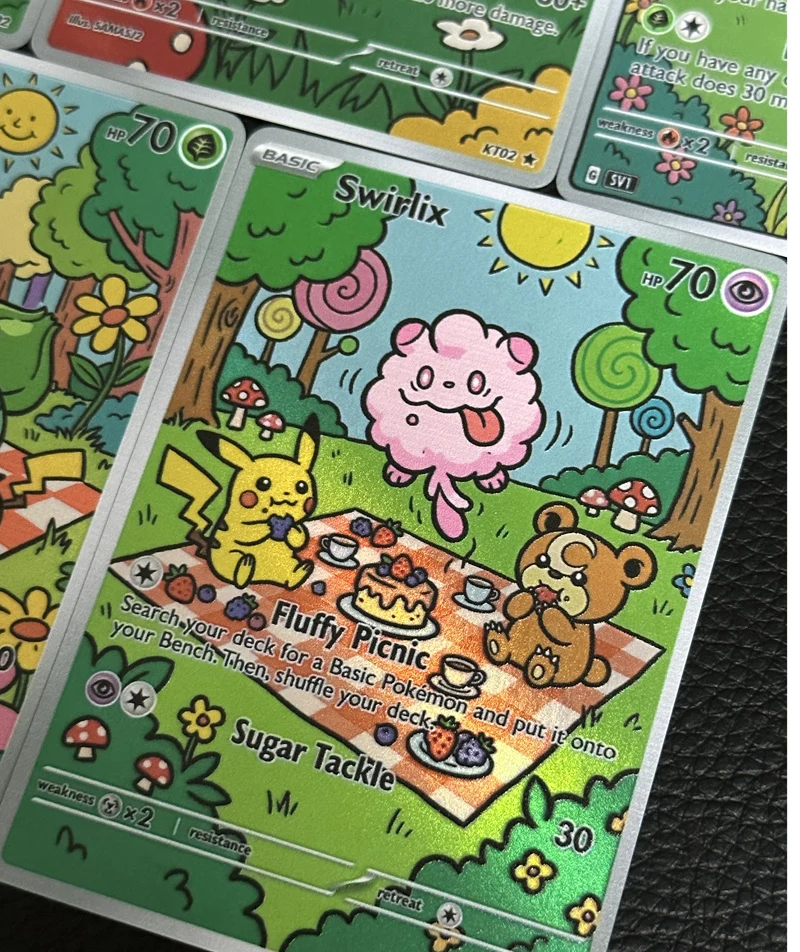 5Pcs Pokemon Cards PTCG Oil Painting Style Swirlix Teddiursa Bulbasaur Applin Jigglypuff Collection Holo Cards Pokemon Gift - view 3
