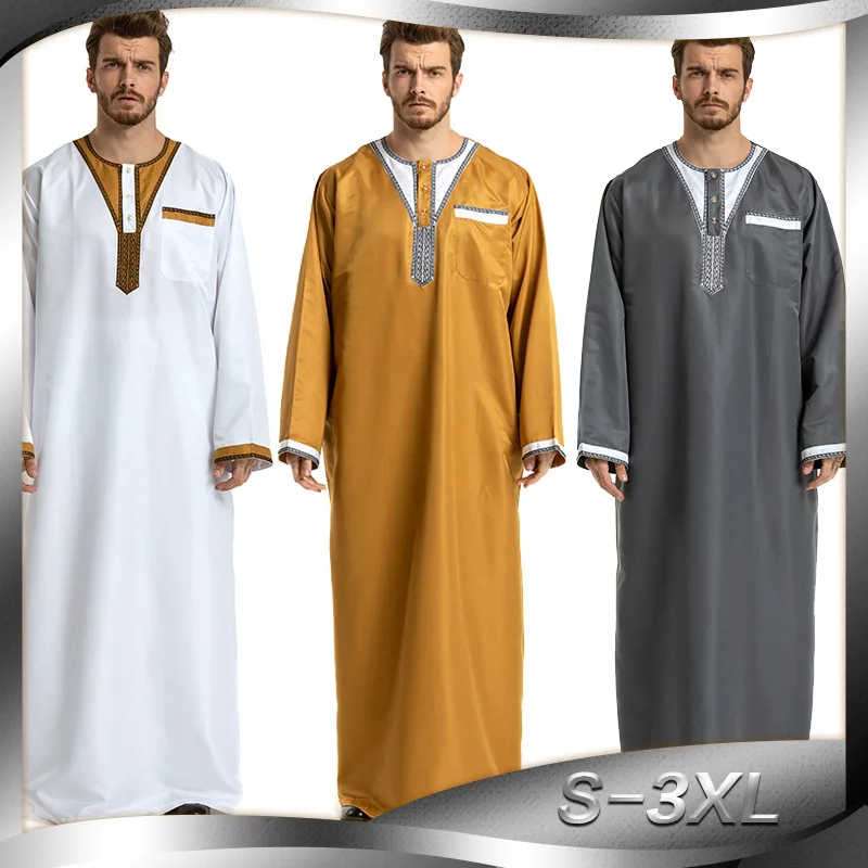 

Middle East Arab Men's Crew Neck Splicing Long Sleeve Muslim Robe Men Abaya
