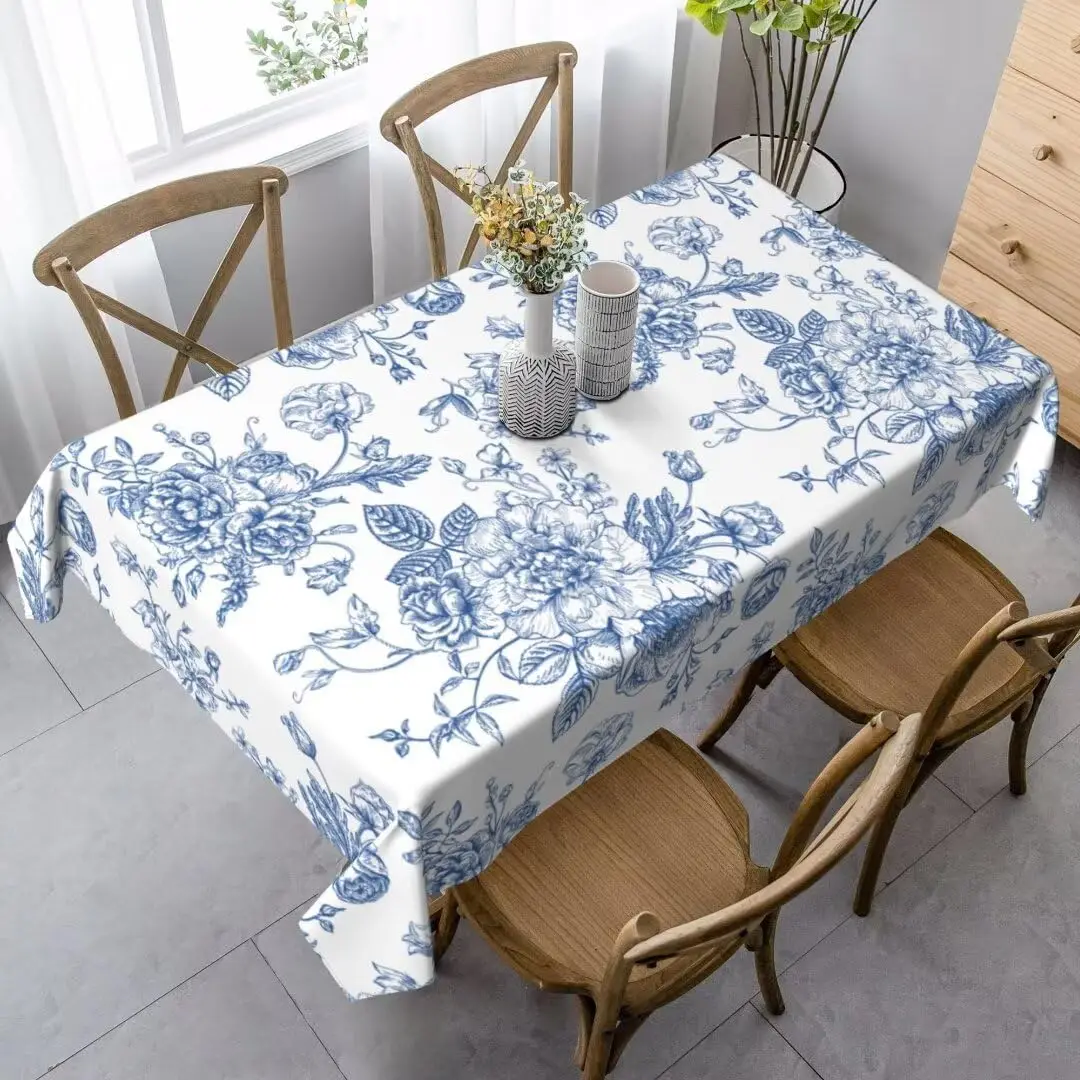 Blue Watercolor Flower Waterproof Rectangle Tablecloth Dining Room Decor Durable Tablecloth for Table Holiday Party Decorations