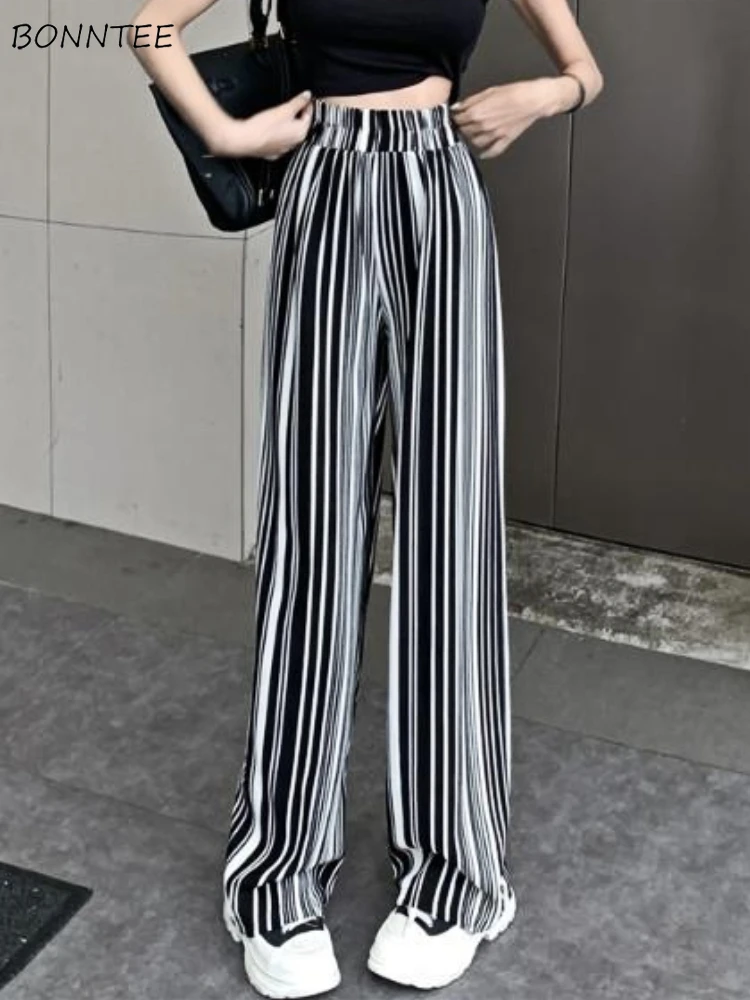 

Pants Women Striped Loose Retro Basic Casual Summer Simple All-match Korean Style Breathable Wide Leg Trousers Ladies Daily Cozy