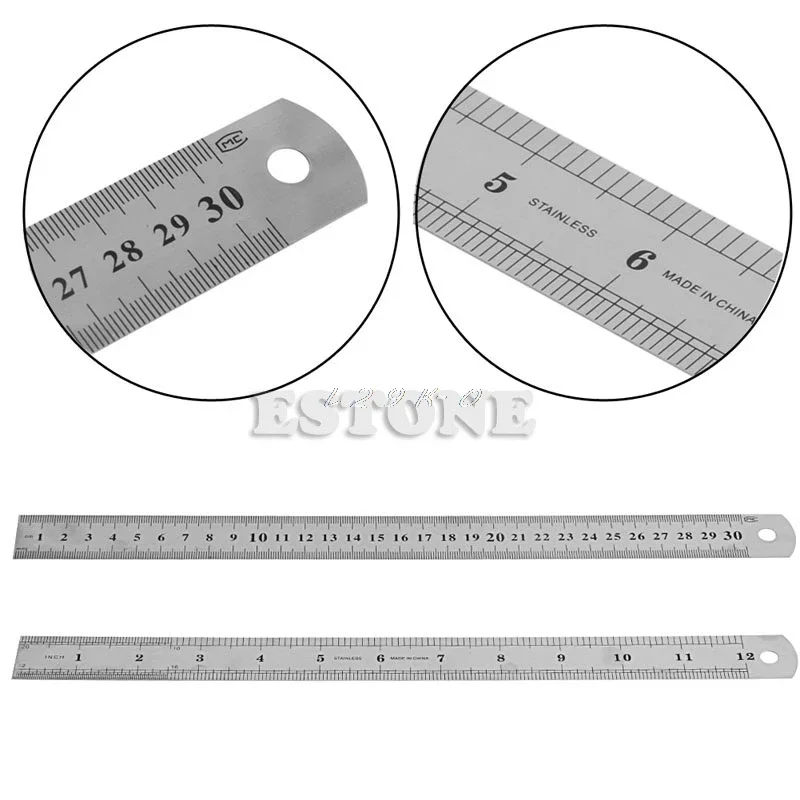 30CM 12"Steel Stainless Pocket Metric Metal Ruler Measurement Double Sided