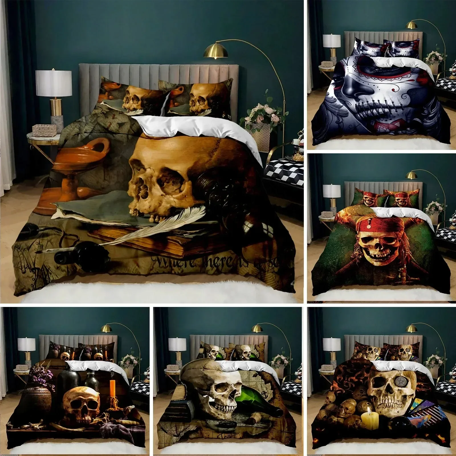 

Skull Duvet Cover Set Horrible Skeleton Bedding Set Bedclothes Halloween Gothic Horror Polyester Quilt Cover Double Queen King