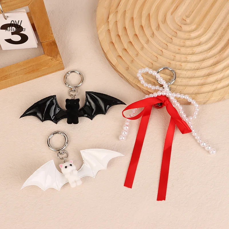 Halloween Flocking Bat Cat Keychain Sweet Cute Bow Pearl Keyring Phone Lanyard Bag Pendant Car Key Holder Couple Gifts