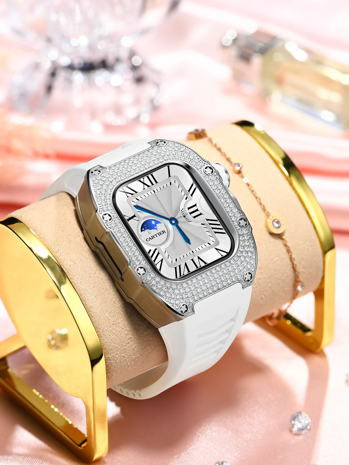 Mod Kit for Apple Watch s9 8 7 41mm Luxury Titanium Diamond Inlaid Accessories Apply to  s6/5/4 SE 40mm Case and white band