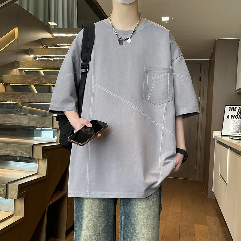 New Summer Men Heavyweight Cotton Loose Half Sleeve T Shirt Trendy Streetwear Student Round Neck Short Sleeve Top Tee