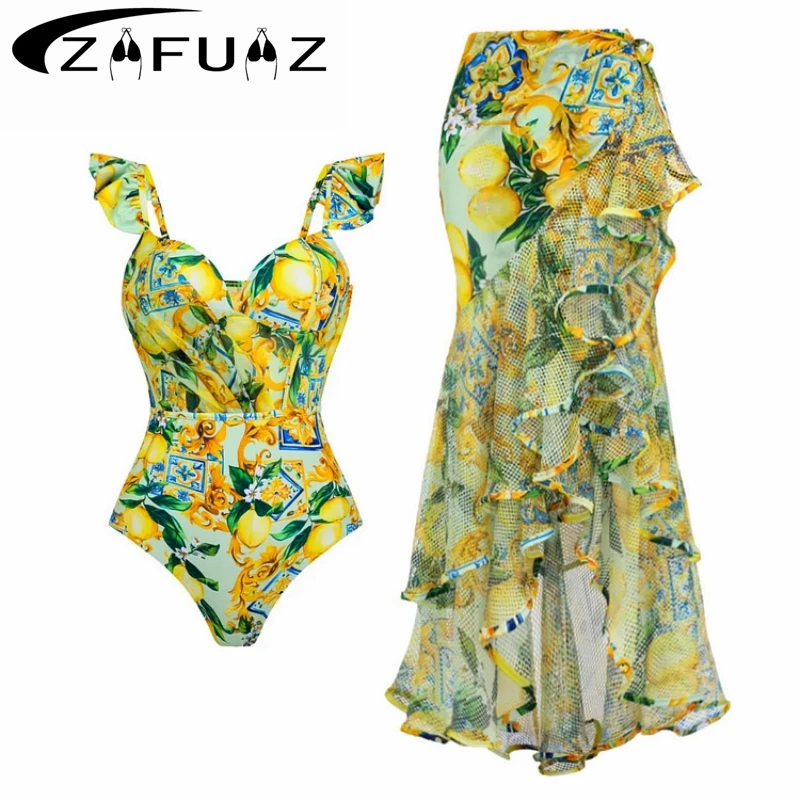 2024 hohe Qualität Einteiligen Badeanzug Floral Rüschen Gedruckt Push-Up Frauen Bikini Set Bademode Abnehmen Badeanzug Strand Tragen