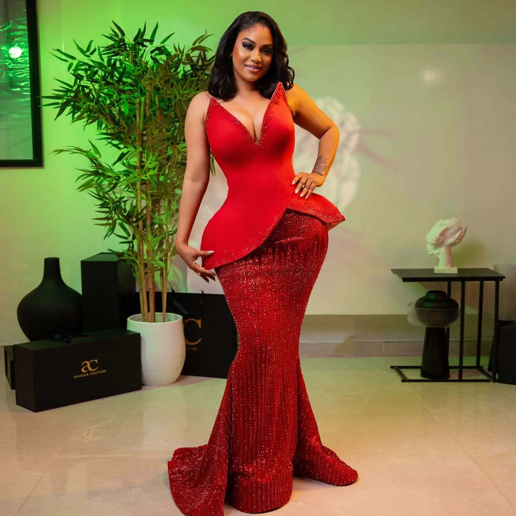 

Elegant V-neck Mermaid Evening Dress Black Ladies Wedding Reception Dresses Aso Ebi Style African Ball Party Dress Customize