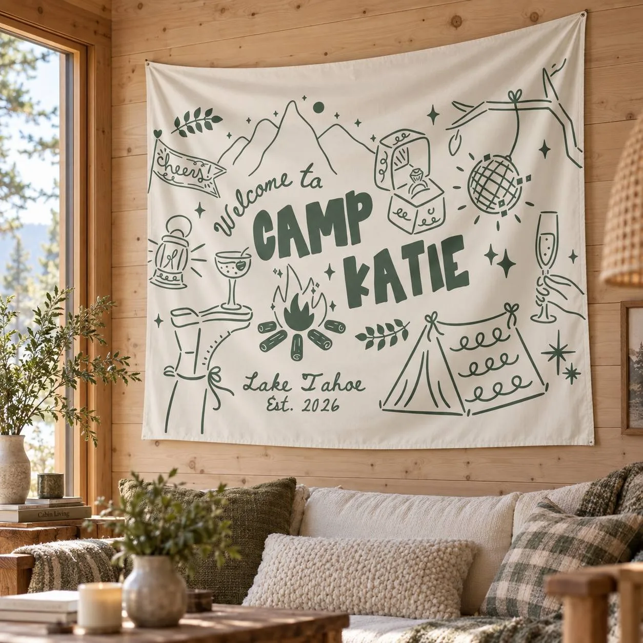 Custom Tapestry, Custom Name/Text & Location Wall Hanging, Horizontal Outdoor Backdrop, Decor & Travel Gift for Camping Lovers