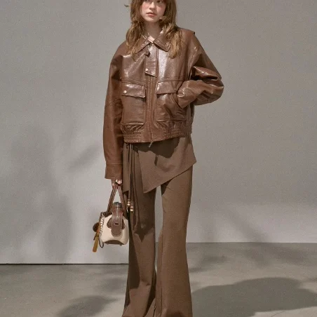 

DIDDI MODA Casual Tassel Rope Belted Fce Lined Micro Flared Pants Irregular Splicing Women's Autumn Cotton Blend Pants