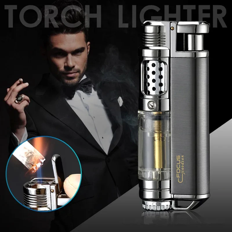 Focus Transparent Air Chamber Windproof Butane Gas Creative Lighter Straight Metal Blue Flame Cigarette Lighter Men's Gifts