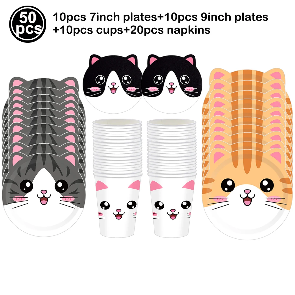 Nette Cartoon Katze Geburtstag Party Supplies Banner Einweg Geformte Pappteller Pappbecher Baby Dusche Kinder Geburtstag Party Dekor – Detail 2