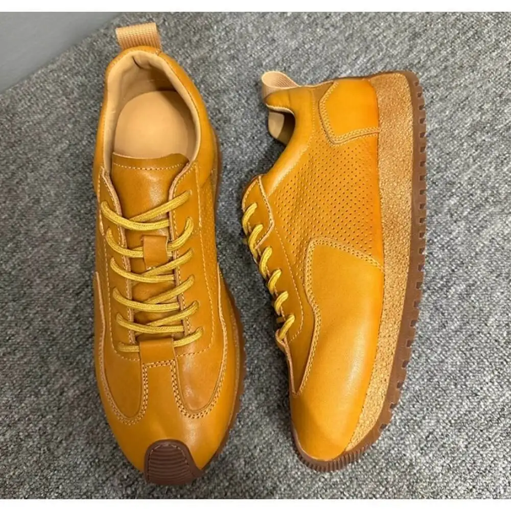 Caramel Perforated Leather Casual Shoes, with retro rubber non-slip thick sole and soft leather