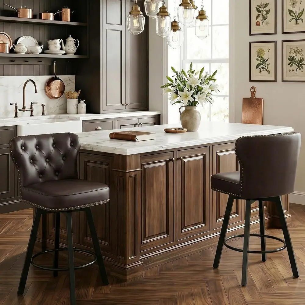 

Комплект из 2-х поворотных барных стульев с металлическим основанием, высокой спинкой и толстым сиденьем для кухонного острова или зоны кофе.