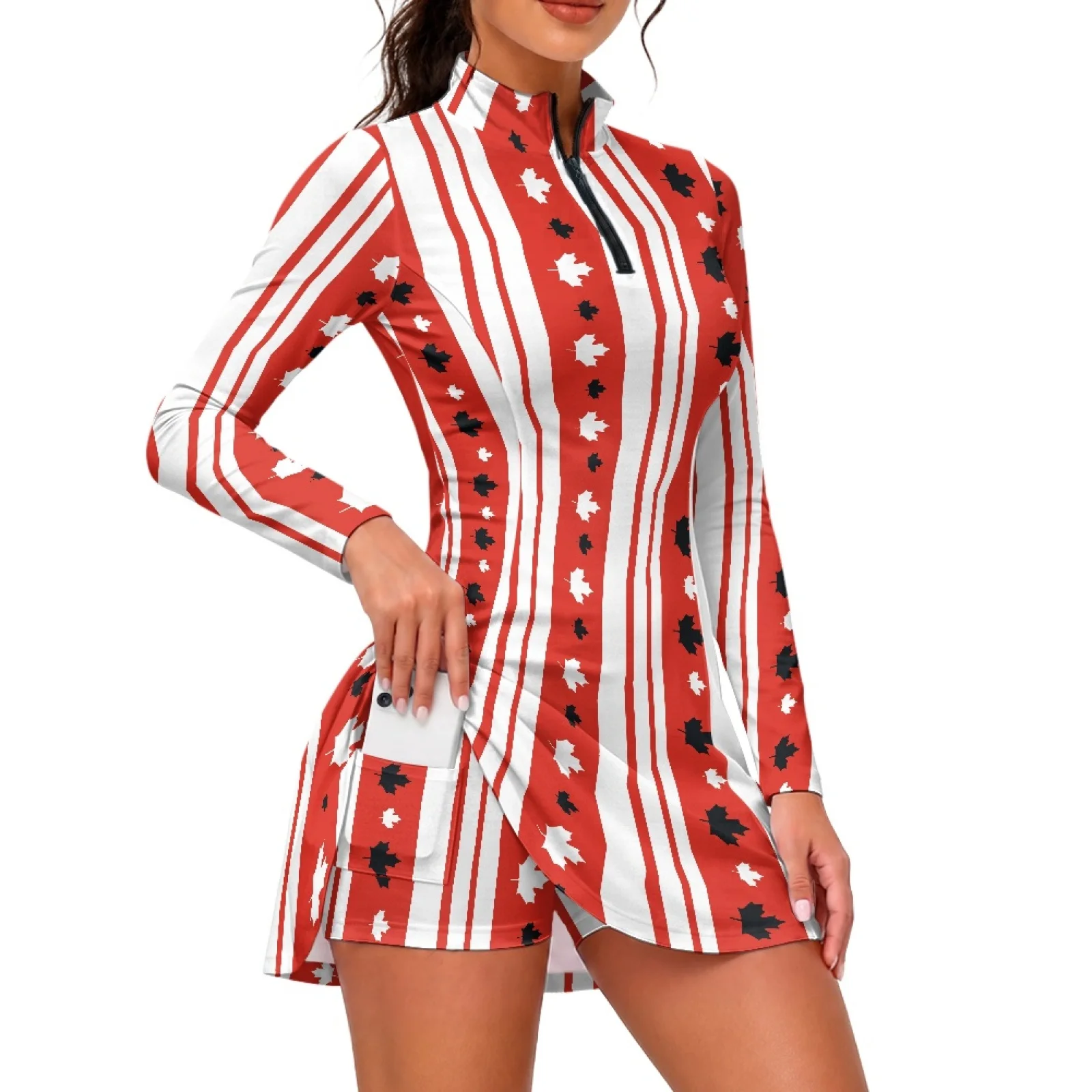 PENSTROLL Maple Leaf Stripe Women's Long Sleeve Golf Dress Women Tennis Dresses 2 Piece Romper Dress for Sports Workout