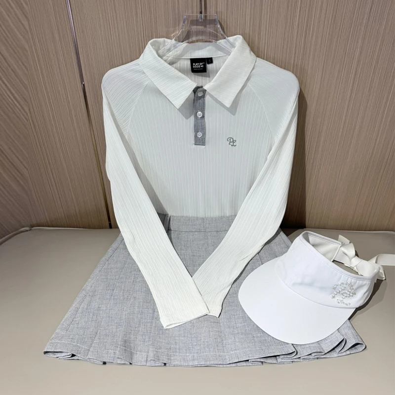 

PL Весенне-осенняя рубашка-поло для гольфа для женщин, топы с длинными рукавами и лацканами, эластичная быстросохнущая футболка, женская плиссированная юбка, шорты для гольфа